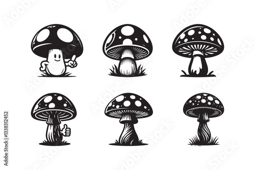 Set of cartoon style Mushroom Silhouette icon, logo, , isolated on a white background