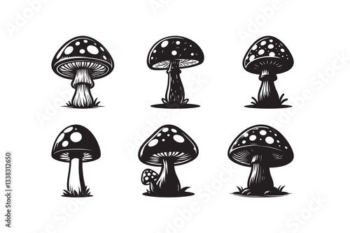 Set of cartoon style Mushroom Silhouette icon, logo, , isolated on a white background