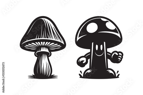 Set of cartoon style Mushroom Silhouette icon, logo, , isolated on a white background