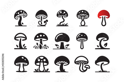 Set of cartoon style Mushroom Silhouette icon, logo, , isolated on a white background