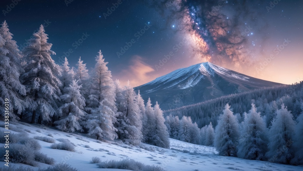Fototapeta premium Dairy Star Trek in the winter forest. Dramatic and picturesque landscape.