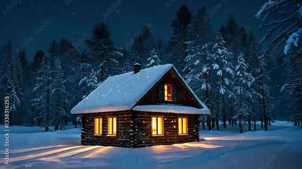 A cabin glows warmly in the snowy woods under a dark blue night sky with snow covered trees around A cabin glows warmly in the snowy woods under a dark blue night sky with snow covered trees around