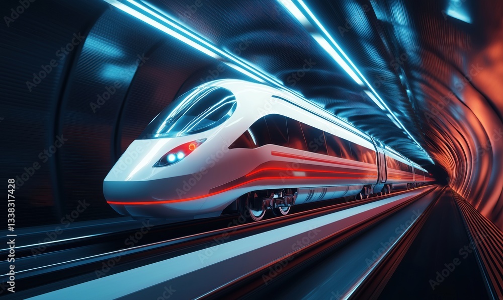 Fototapeta premium Futuristic high-speed train in illuminated tunnel with dynamic lighting effects