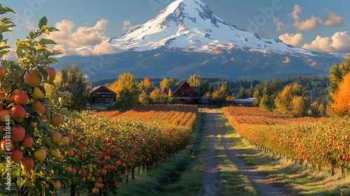 Breathtaking View of Mt Hood Overlooking Vibrant Apple and Pear Orchards in the Picturesque Hood River Valley of Oregon