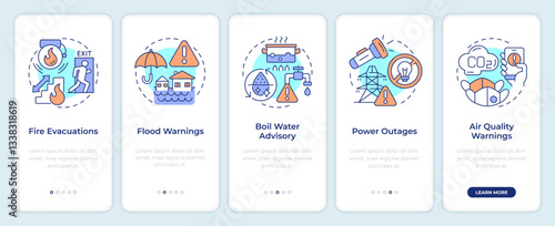 Safety and emergency alerts onboarding mobile app screen. Walkthrough 5 steps editable graphic instructions with linear concepts. UI, UX, GUI template. Montserrat SemiBold, Regular fonts used
