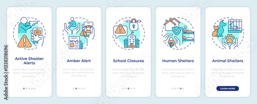 Public safety onboarding mobile app screen. Emergency response. Walkthrough 5 steps editable graphic instructions with linear concepts. UI, UX, GUI template. Montserrat SemiBold, Regular fonts used