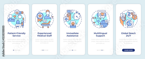 Quality of medical services onboarding mobile app screen. Walkthrough 5 steps editable graphic instructions with linear concepts. UI, UX, GUI template. Montserrat SemiBold, Regular fonts used
