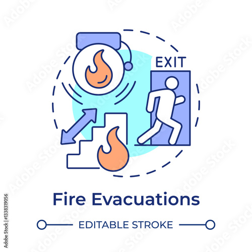Fire evacuations multi color concept icon. Leaving area on fire immediately. Safety and emergency alert. Round shape line illustration. Abstract idea. Graphic design. Easy to use in presentation