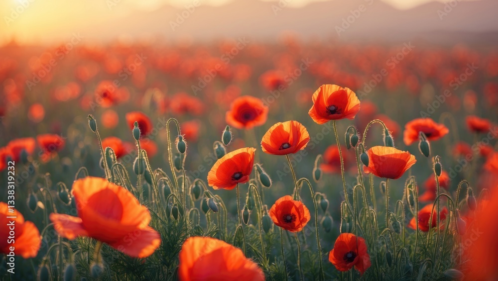 Obraz premium Stunning landscape of red poppies illuminated by sunset light.