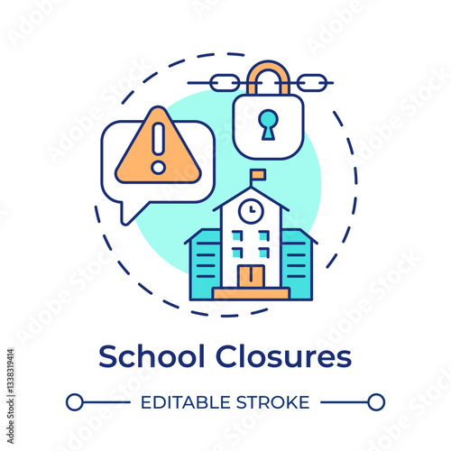 School closures multi color concept icon. Education facilities shut down due to emergencies. Public safety. Round shape line illustration. Abstract idea. Graphic design. Easy to use in application