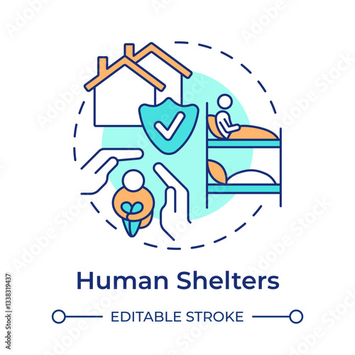 Human shelters multi color concept icon. People refuges during emergency accidents. Public safety. Round shape line illustration. Abstract idea. Graphic design. Easy to use in presentation