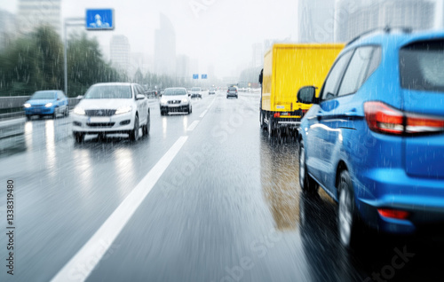 Close up of cars driving on highway in heavy rain, showcasing blurred motion and wet road conditions