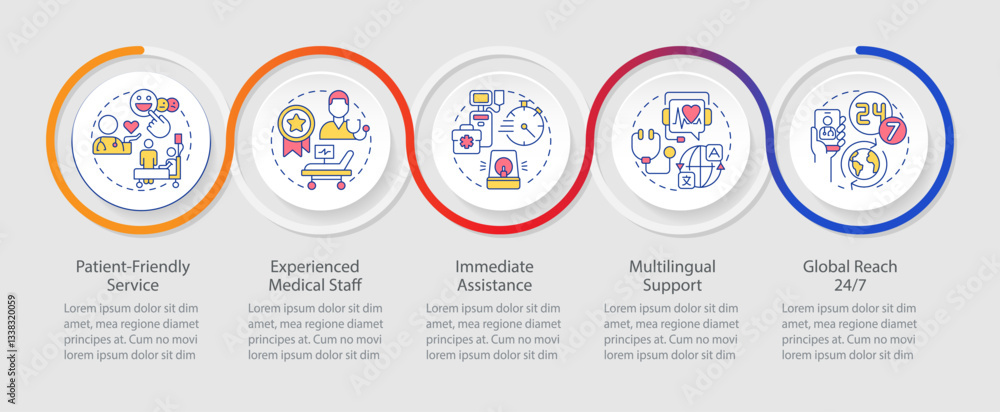 Quality of medical services infographics circles sequence. Patient care control. Treatment. Visualization layout with 5 steps. Info chart loop process presentation. Myriad Pro-Regular font used Quality of medical services infographics circles sequence. Patient care control. Treatment. Visualization layout with 5 steps. Info chart loop process presentation. Myriad Pro-Regular font used