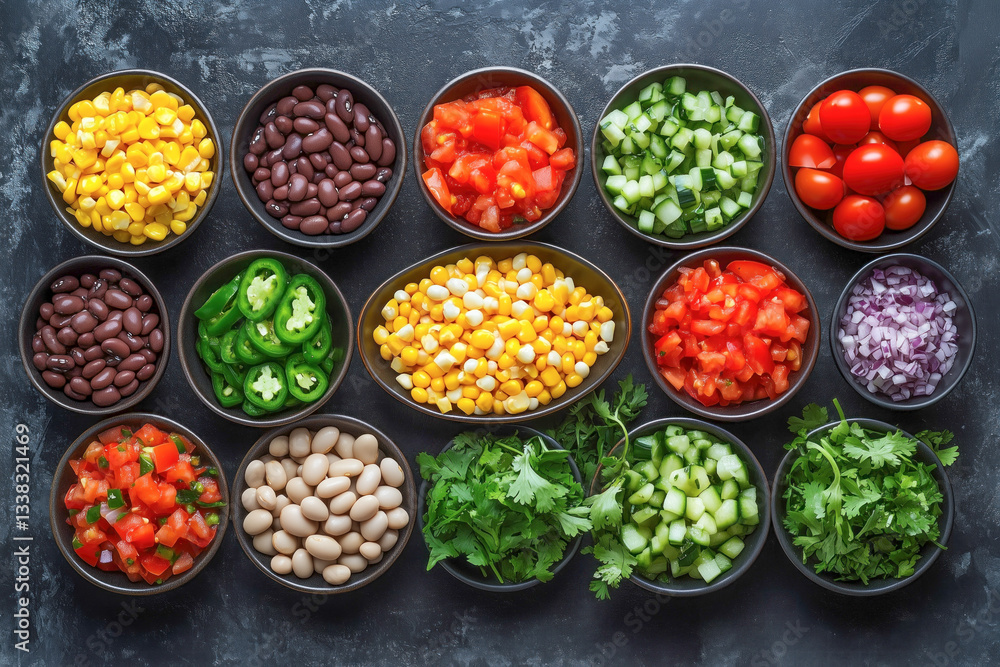 Fresh salsa ingredients in bowls on a dark surface Fresh salsa ingredients in bowls on a dark surface