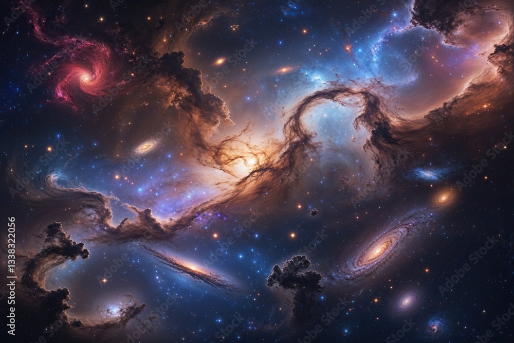 Fototapeta premium Exquisite Intergalactic Scene with Luminescent Nebula Backdrop and Vibrant Galaxies