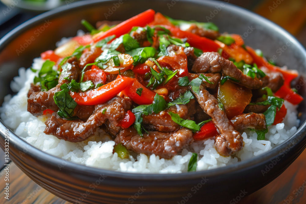 Spicy stir-fried beef with peppers served over rice Spicy stir-fried beef with peppers served over rice