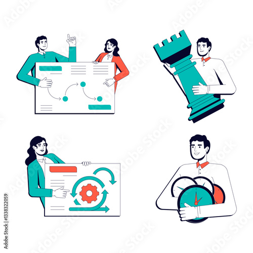 Business planning vector illustration concept set. Marketing strategy, workflow organization. Process management, control. Stylized cartoon characters isolated on white. Flat 2D line art pack