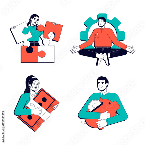 Financial management vector illustration concept set. Economic planning, organization. Expenses control, income. Budgeting, money. Stylized cartoon characters isolated on white. Flat 2D line art pack