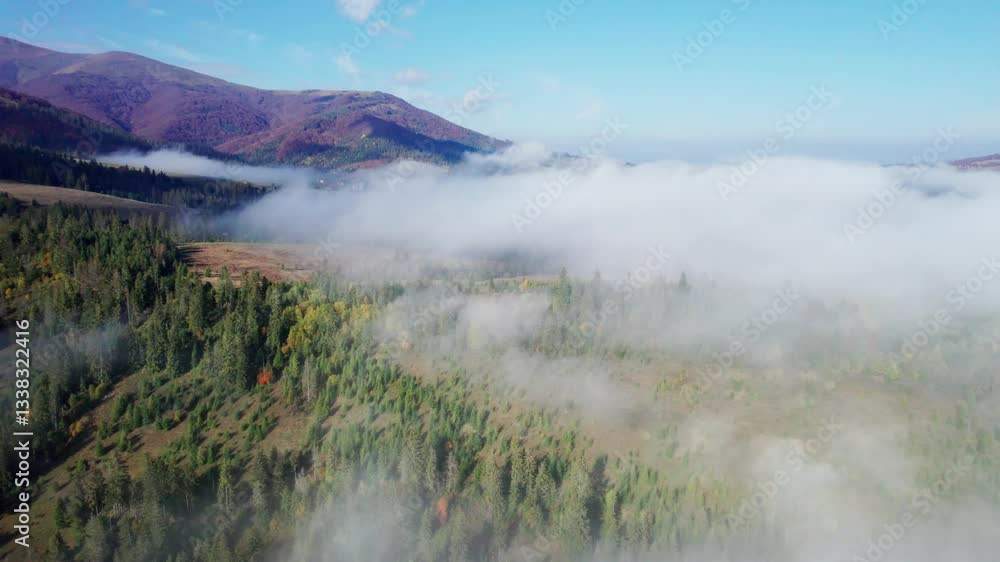 Aerial view of dense forests and rolling hills partially shrouded in soft, ethereal fog. Vibrant autumn colors of trees contrast beautifully with clear blue sky and distant mountain peaks. Aerial view of dense forests and rolling hills partially shrouded in soft, ethereal fog. Vibrant autumn colors of trees contrast beautifully with clear blue sky and distant mountain peaks.