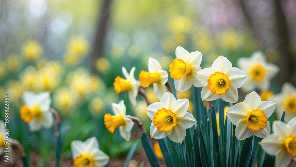 Spring blooming yellow daffodils in the garden, flowering plants, shallow depth of field, toned. Spring blooming yellow daffodils in the garden, flowering plants, shallow depth of field, toned.