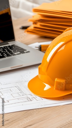 Professional hard hat and laptop positioned on an architect engineer office desk ready for construction project planning