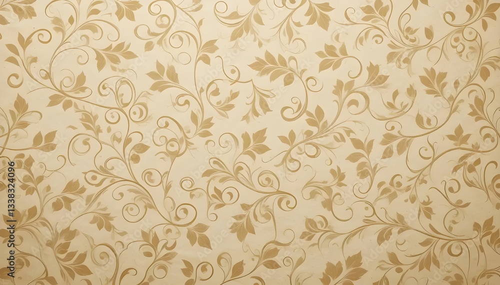 Fototapeta premium Vintage Beige Paper Texture Wallpaper with Geometric Retro Curlicue and Leaf Pattern for Elegant Interiors