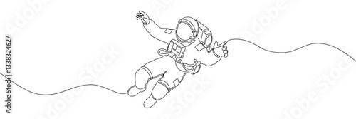 Continuous line drawing of an astronaut floating in space, tethered to a spacecraft, symbolizing space exploration. Vector illustration