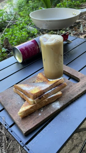 Toasting Bread and Iced Coffee – Relaxing Outdoor Breakfast Setup