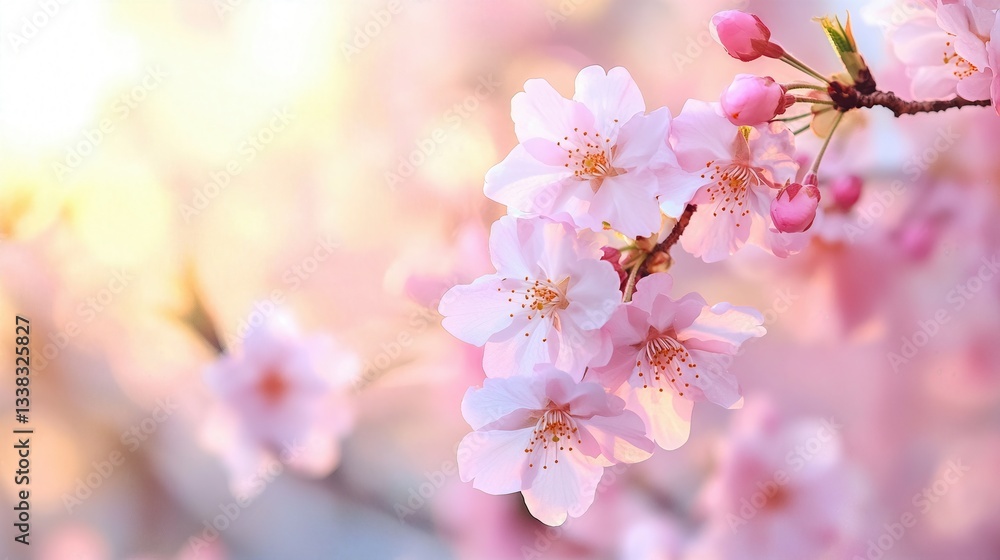 Obraz premium Spring's Gentle Embrace: Close-up view of cherry blossoms in full bloom, showcasing their delicate pink petals, and the soft bokeh.