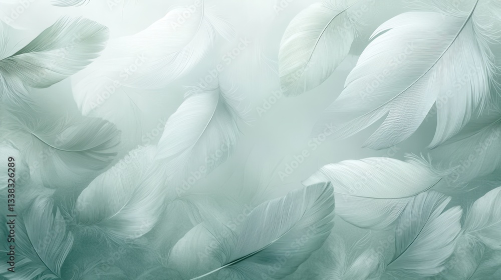 Fototapeta premium Delicate light green feathers drifting softly on gentle breeze, floating with airy grace and creating serene, dreamy visual aesthetic for minimalist backgrounds
