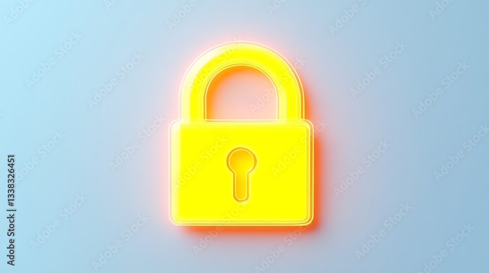 Fototapeta premium Bright Yellow Neon Padlock on Soft Blue Background Representing Security and Protection Concept in Digital World