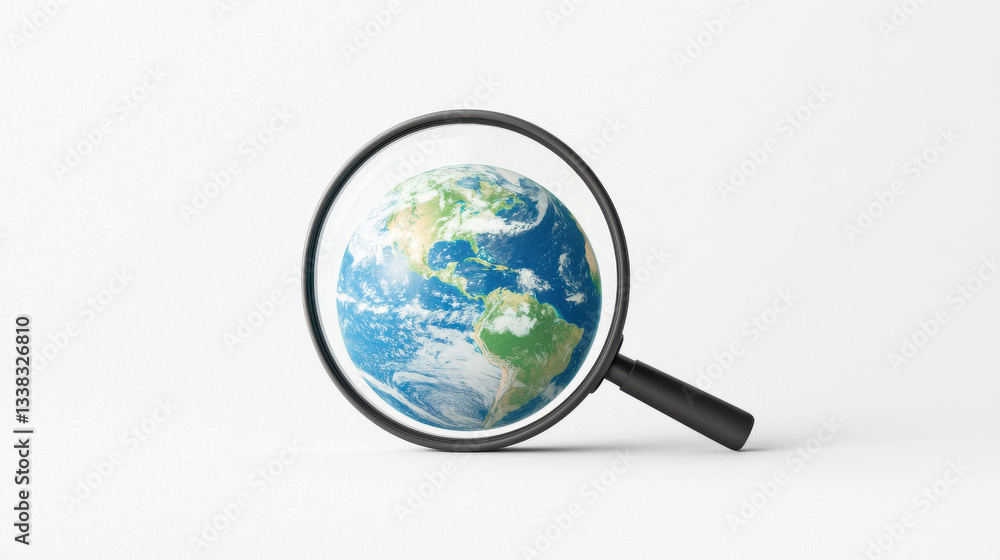 A magnifying glass focusing on a vibrant globe, symbolizing exploration and curiosity. isolated on white background. A magnifying glass focusing on a vibrant globe, symbolizing exploration and curiosity. isolated on white background.