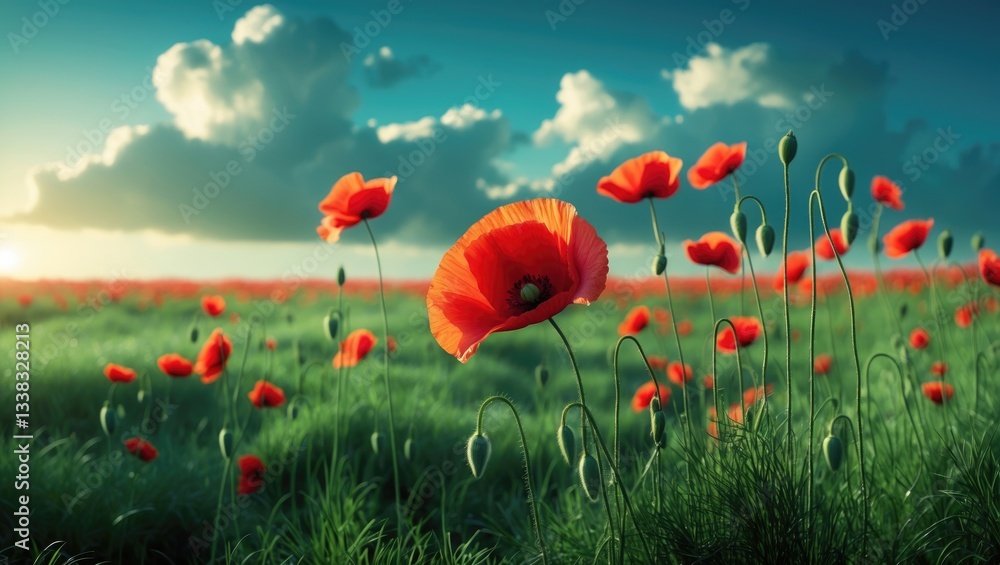 Obraz premium Summer red poppy in a grassy field landscape.
