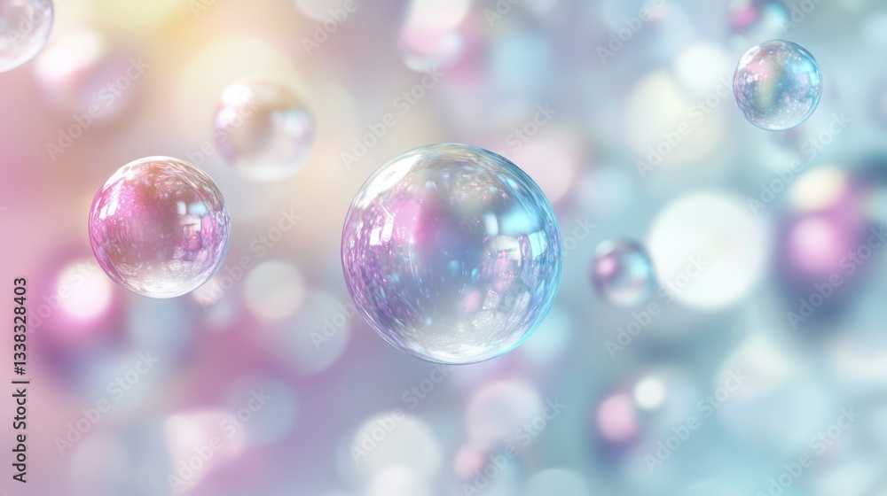 Several iridescent bubbles float against a soft blurred background Several iridescent bubbles float against a soft blurred background
