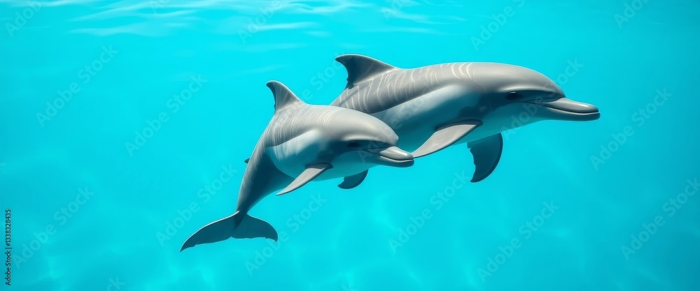 Graceful Dolphins Swimming in Azure Waters, a Serene Underwater Scene Depicting Two Dolphins in Close Proximity Graceful Dolphins Swimming in Azure Waters, a Serene Underwater Scene Depicting Two Dolphins in Close Proximity