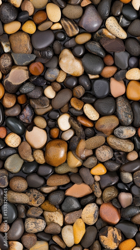 A seamless high-resolution texture features a collection of smooth, round, dark-colored river pebbles and stones in varying shades of brown, black, and tan, perfect for design A seamless high-resolution texture features a collection of smooth, round, dark-colored river pebbles and stones in varying shades of brown, black, and tan, perfect for design