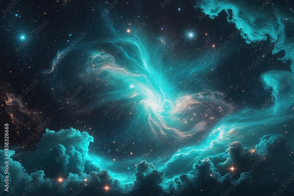Fototapeta premium Magical Smooth Striking Turquoise Nebula Cosmic Design in a Dazzling Dark Sky