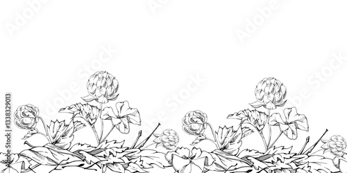 Cloudberry raspberry with autumn leaves, hand drawn vector ink, forest berry in group clusters on stems. Seamless banner garland illustration, for restaurant, cafe menu, wedding, farmers market