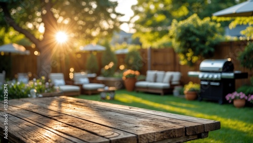 summer party in backyard garden with BBQ grill, wooden table, blurred background