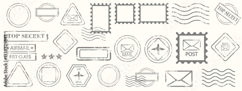 Collection of Vintage Postage and Airmail Stamp Designs. Vintage grunge post stamps, retro postmarks, wave lines and airmail stamp designs with text like "Top Secret" and "Airmail." Vector  