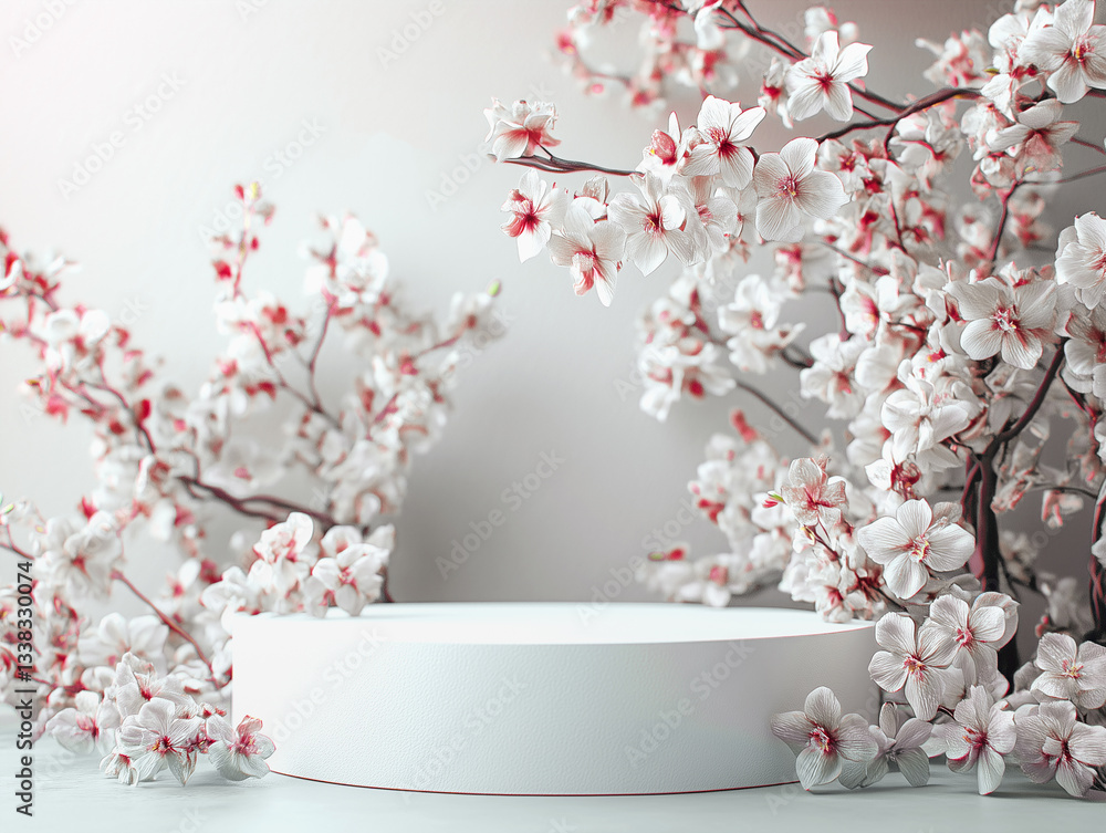 Product presentation with white podium and cherry blossom branches. Scene stage showcase for new product, promotional sale, banner, cosmetics. Product presentation with white podium and cherry blossom branches. Scene stage showcase for new product, promotional sale, banner, cosmetics.
