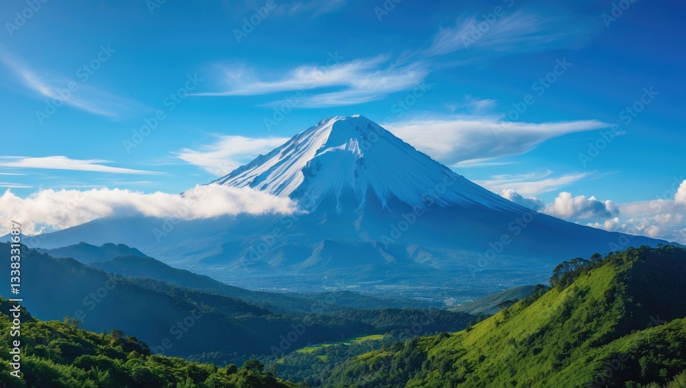 Stunning perspective of the snowy peak set against a clear blue sky with a few clouds observed from the outskirts. Stunning perspective of the snowy peak set against a clear blue sky with a few clouds observed from the outskirts.