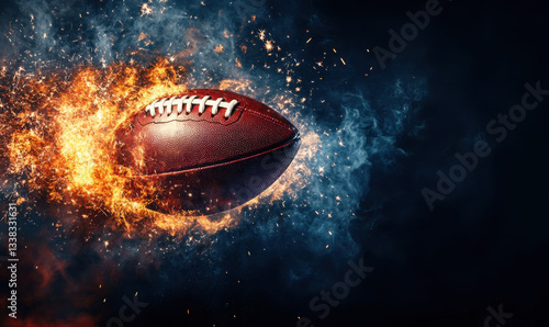 An American football soaring against a dark background with sparks and smoke Generative AI	