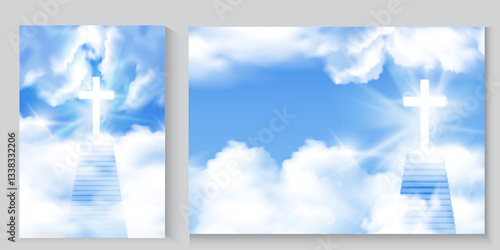 Ascension Day of Jesus Christ poster card or banner set design background with blue sky and clouds, background for easter day, good friday,Jesus rising to heaven in heavenly light above.