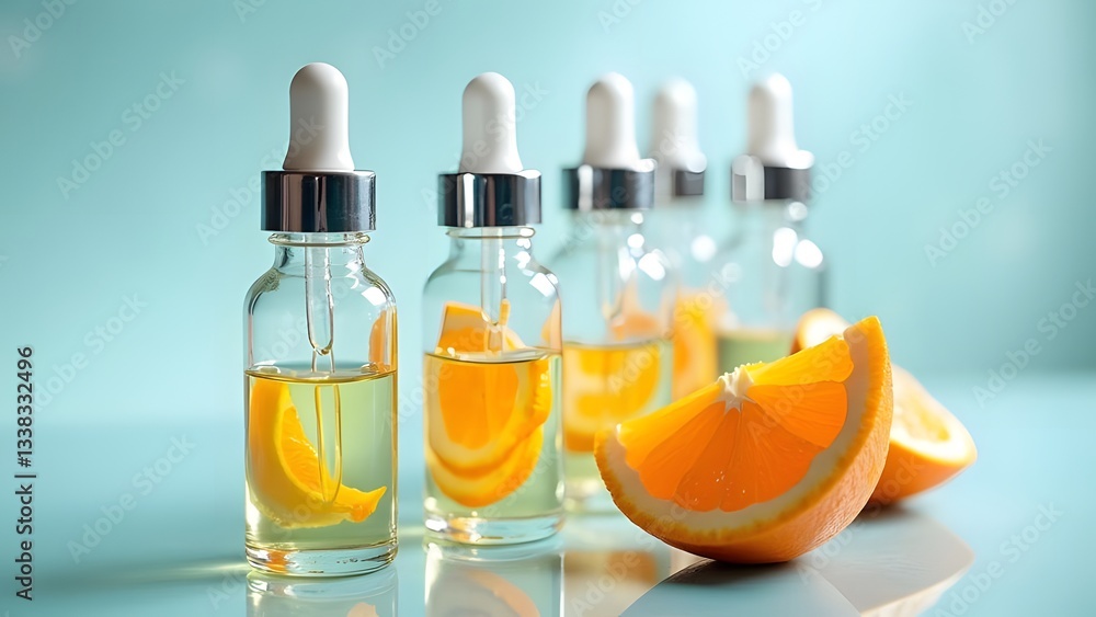 Brightening Vitamin C Serum Ampoules with Fresh Orange Slices in Cinematic Silver and Blue Composition Brightening Vitamin C Serum Ampoules with Fresh Orange Slices in Cinematic Silver and Blue Composition