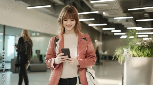 Woman uses smartphone in contemporary office space. Free Download Woman uses smartphone in contemporary office space. - GFXLoad
