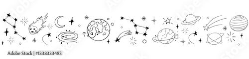Celestial doodle border, falling star blink divider. Hand drawn ornament with stars, planets, meteorite and moon. Space magic simple decor.