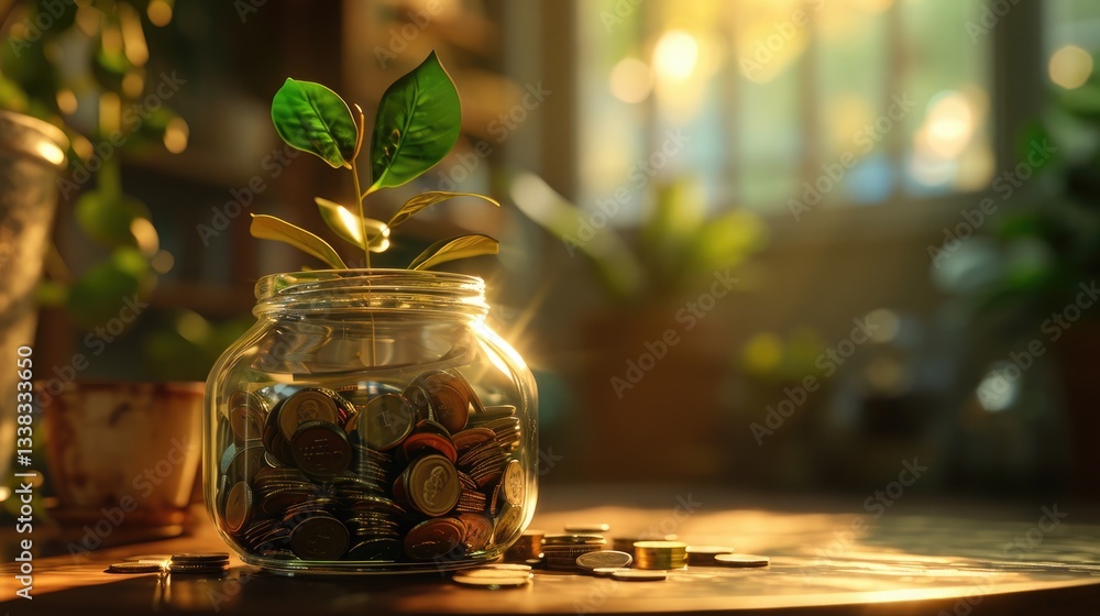 Growing Money Plant In Glass Jar Of Coins