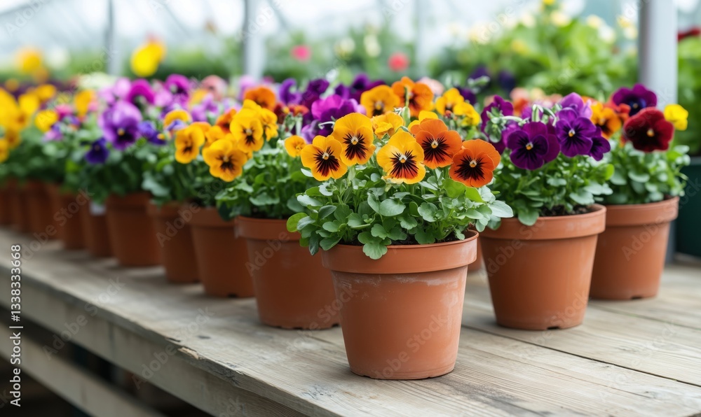 Obraz premium Colorful pansy flowers in terracotta pots arranged on wooden table in greenhouse