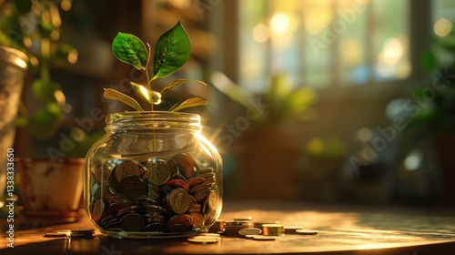 Growing Money Plant In Glass Jar Of Coins